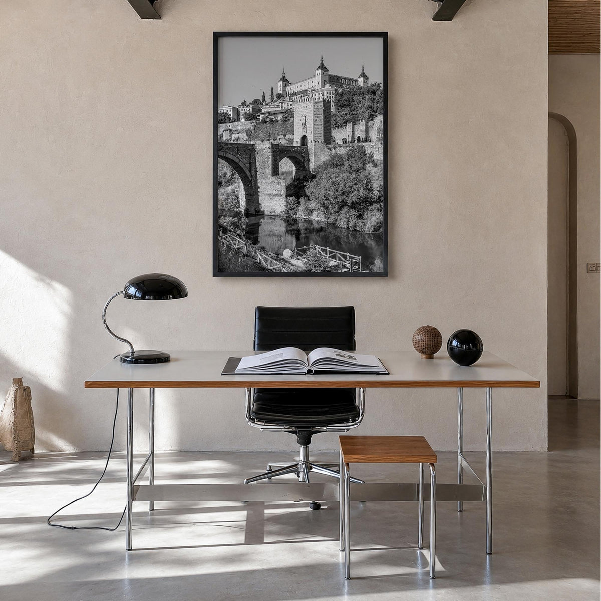 Toledo, Spain no. 3 black & white photo poster of Spain – vertical wall art in black wood frame, hanging on wall