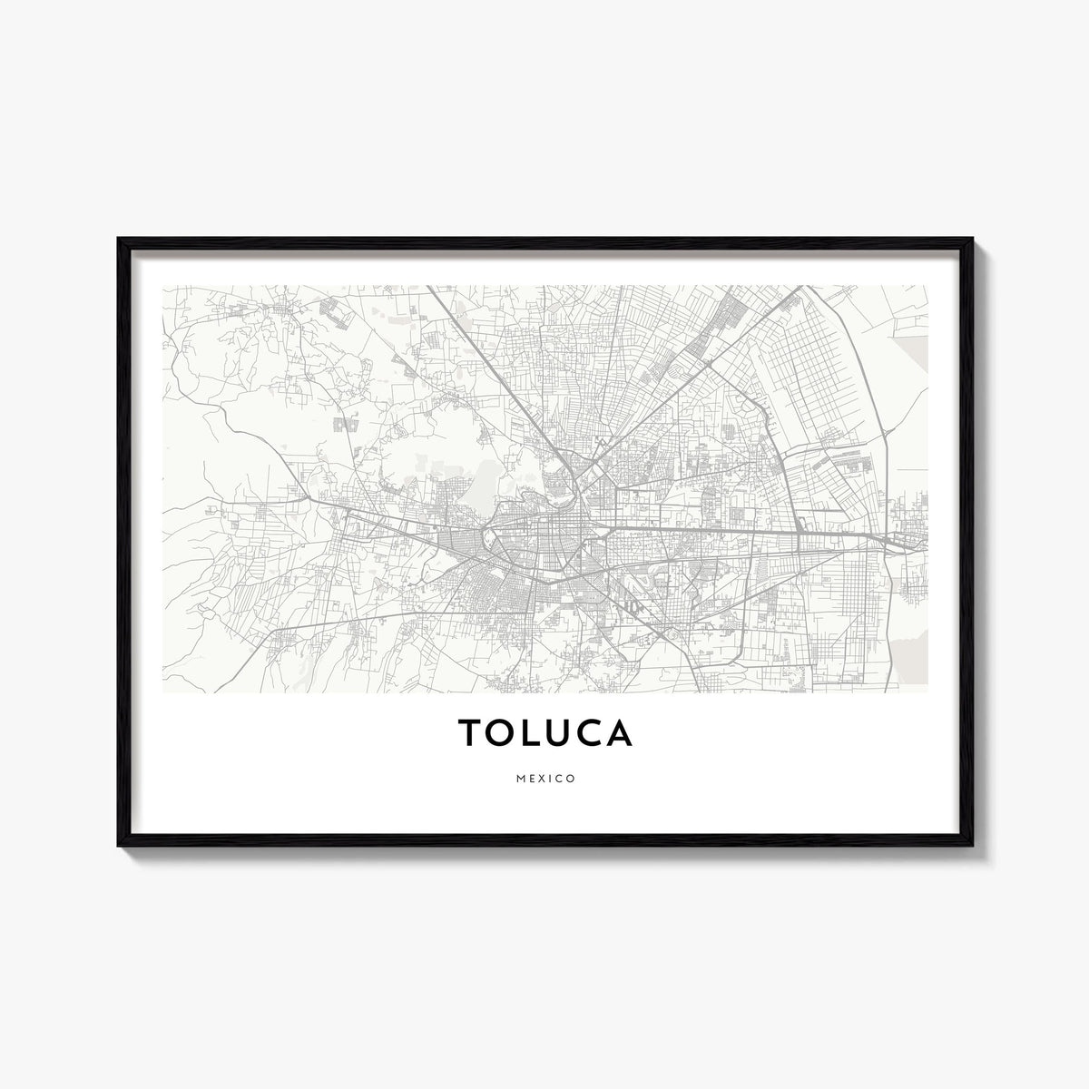 Toluca black & white map poster of Mexico – horizontal wall art, unframed print shown in interior mockup