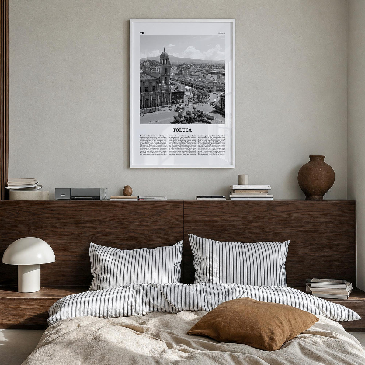 Toluca black & white newspaper poster of Mexico – vertical wall art in white wood frame, hanging on wall