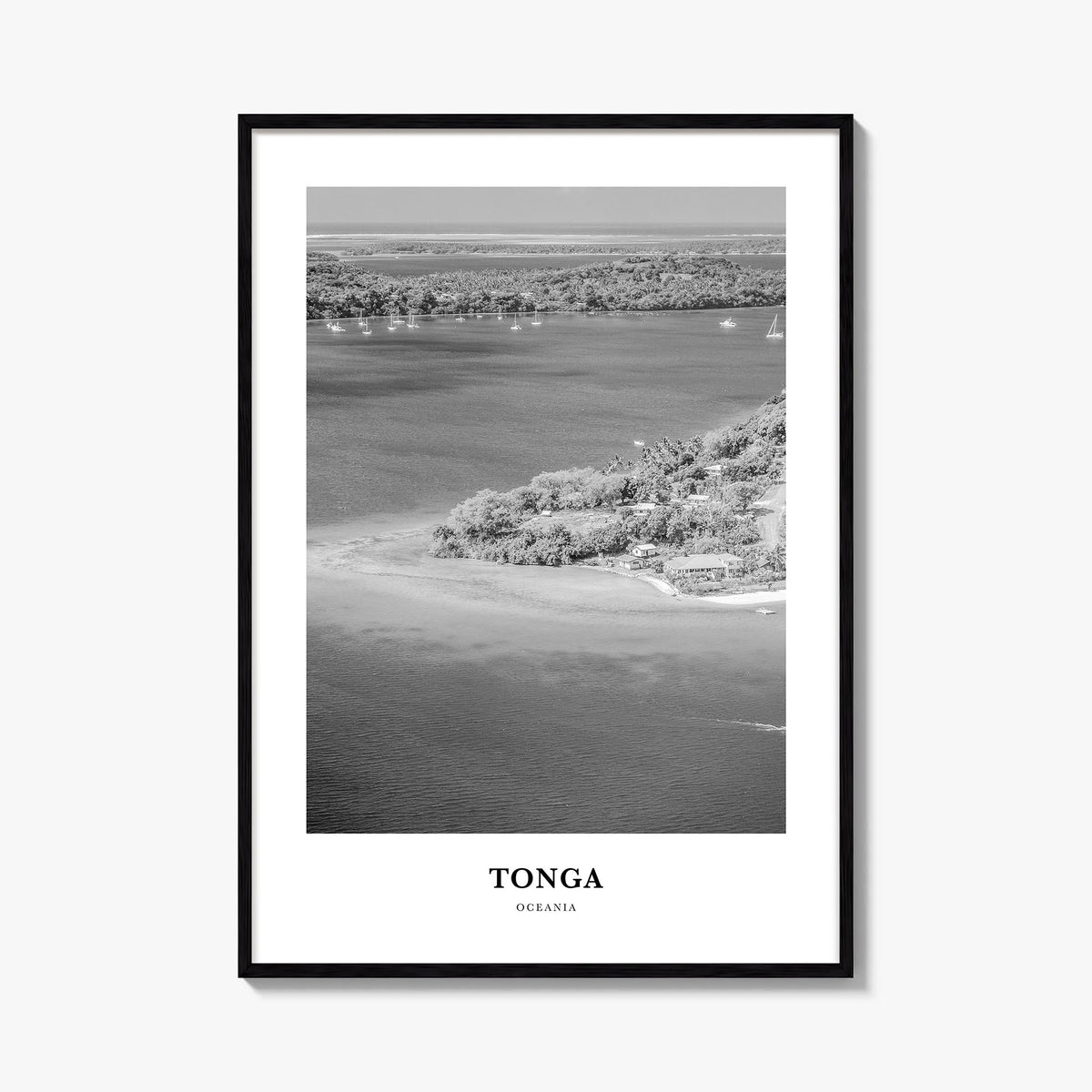 Tonga black & white classic poster of Oceania – vertical wall art, unframed print shown in interior mockup