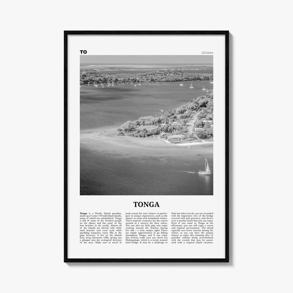 Tonga black & white newspaper poster of Oceania – vertical wall art, unframed print shown in interior mockup