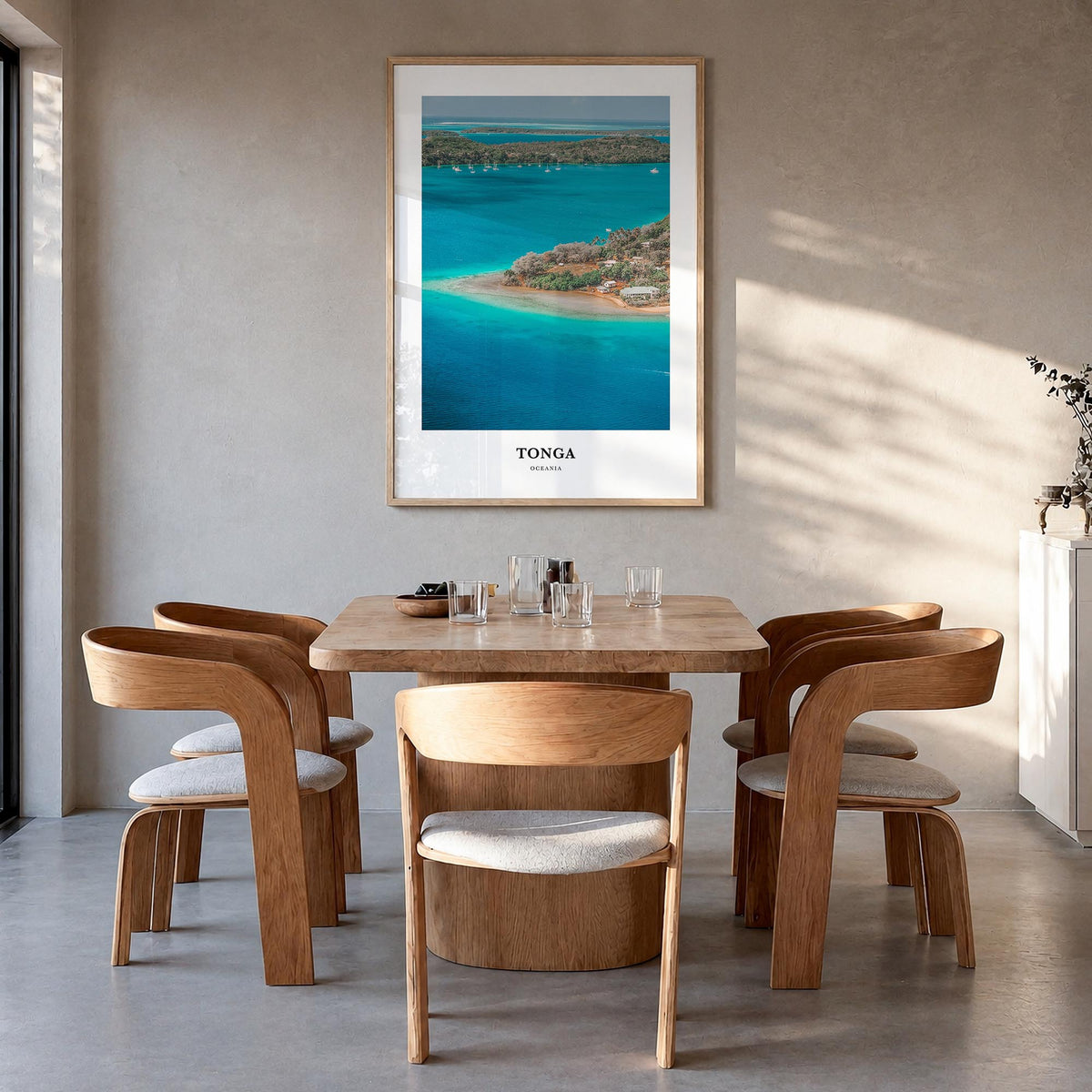Tonga colorful classic poster of Oceania – vertical wall art in natural wood frame, hanging on wall