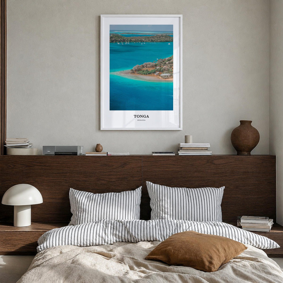Tonga colorful classic poster of Oceania – vertical wall art in white wood frame, hanging on wall