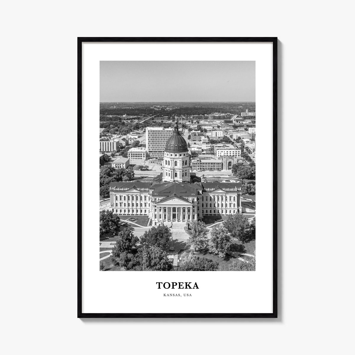 Topeka black & white classic poster of Kansas, USA – vertical wall art, unframed print shown in interior mockup