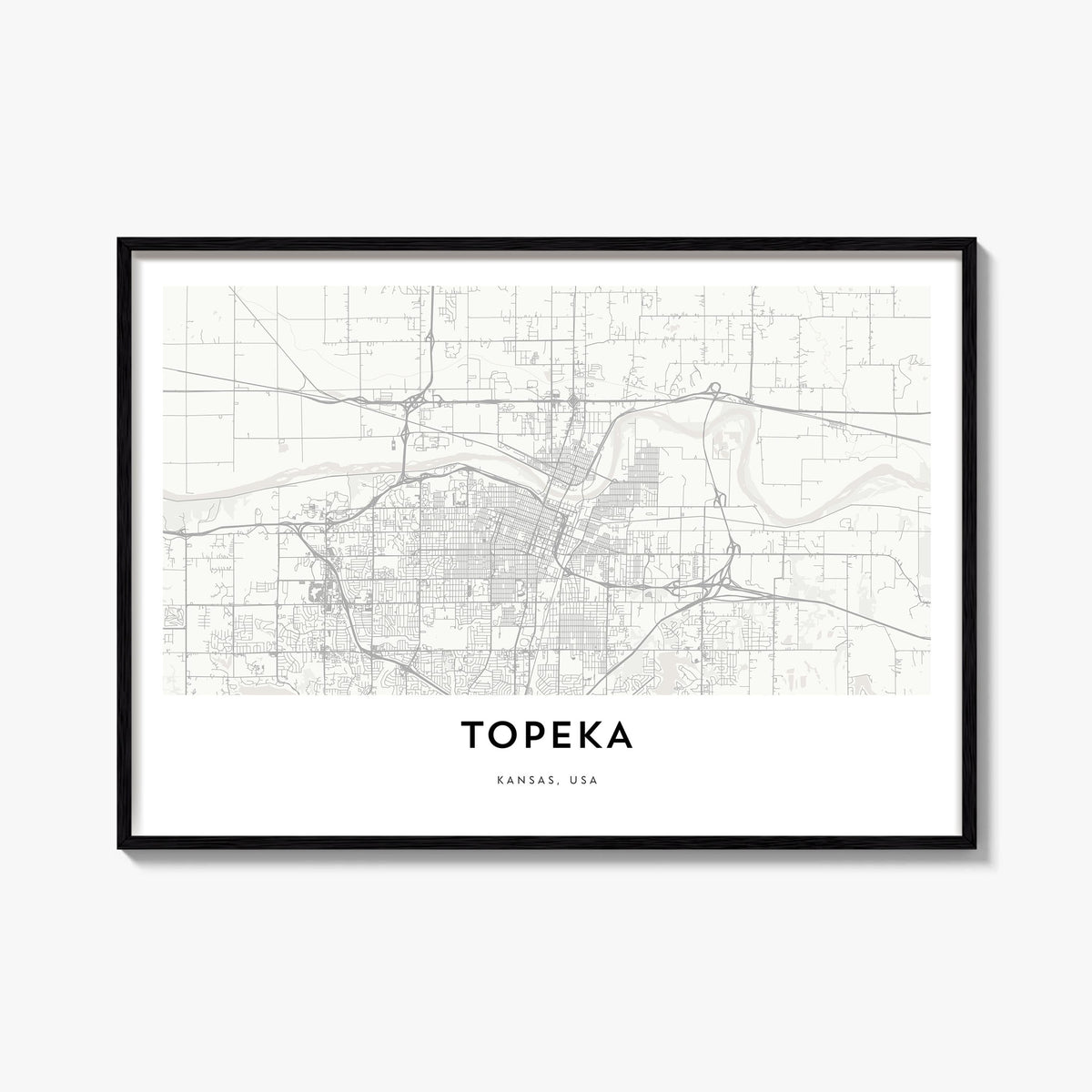 Topeka black & white map poster of Kansas, USA – horizontal wall art, unframed print shown in interior mockup