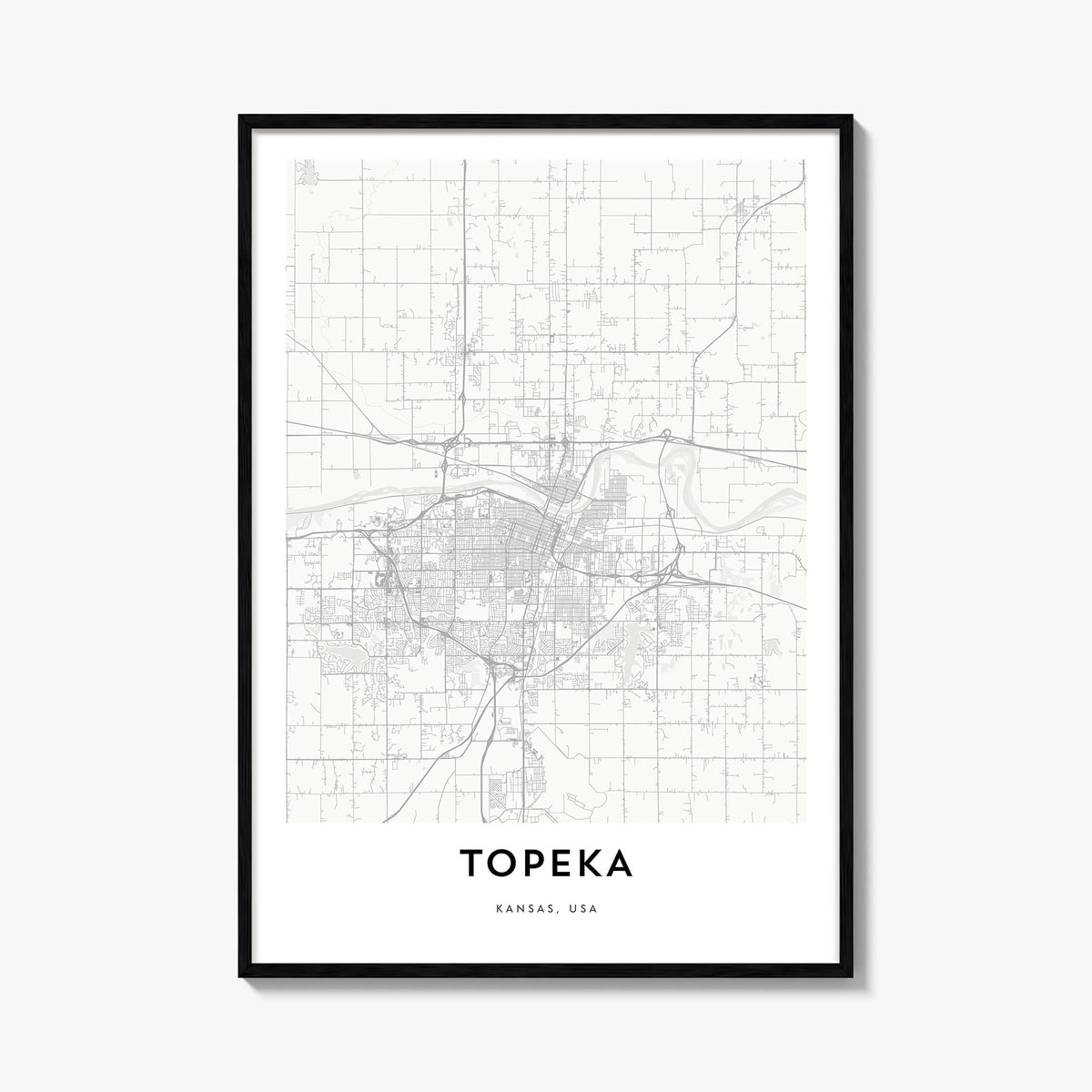 Topeka black & white map poster of Kansas, USA – vertical wall art, unframed print shown in interior mockup