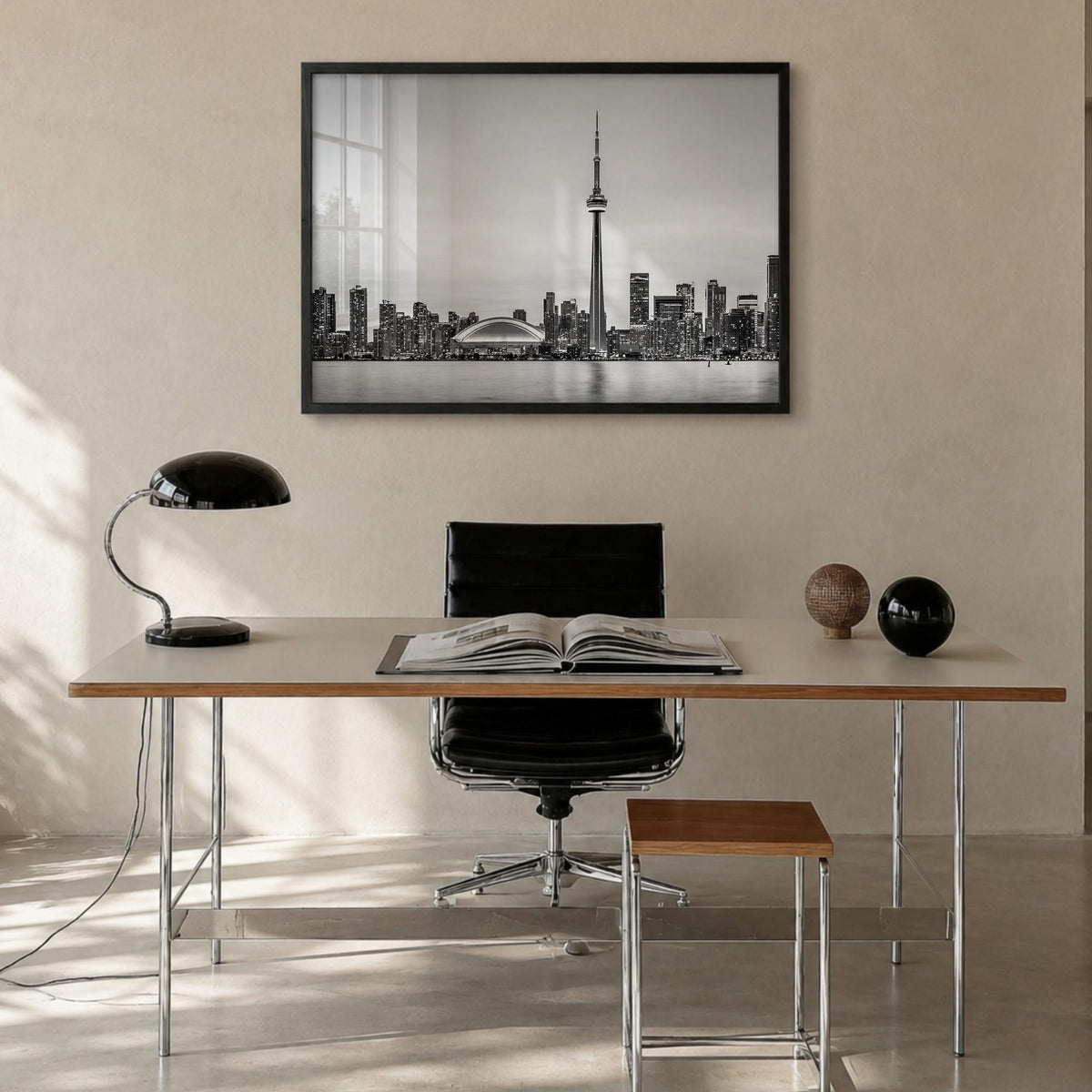 Toronto black & white photo poster of Ontario, Canada – horizontal wall art in black wood frame, hanging on wall