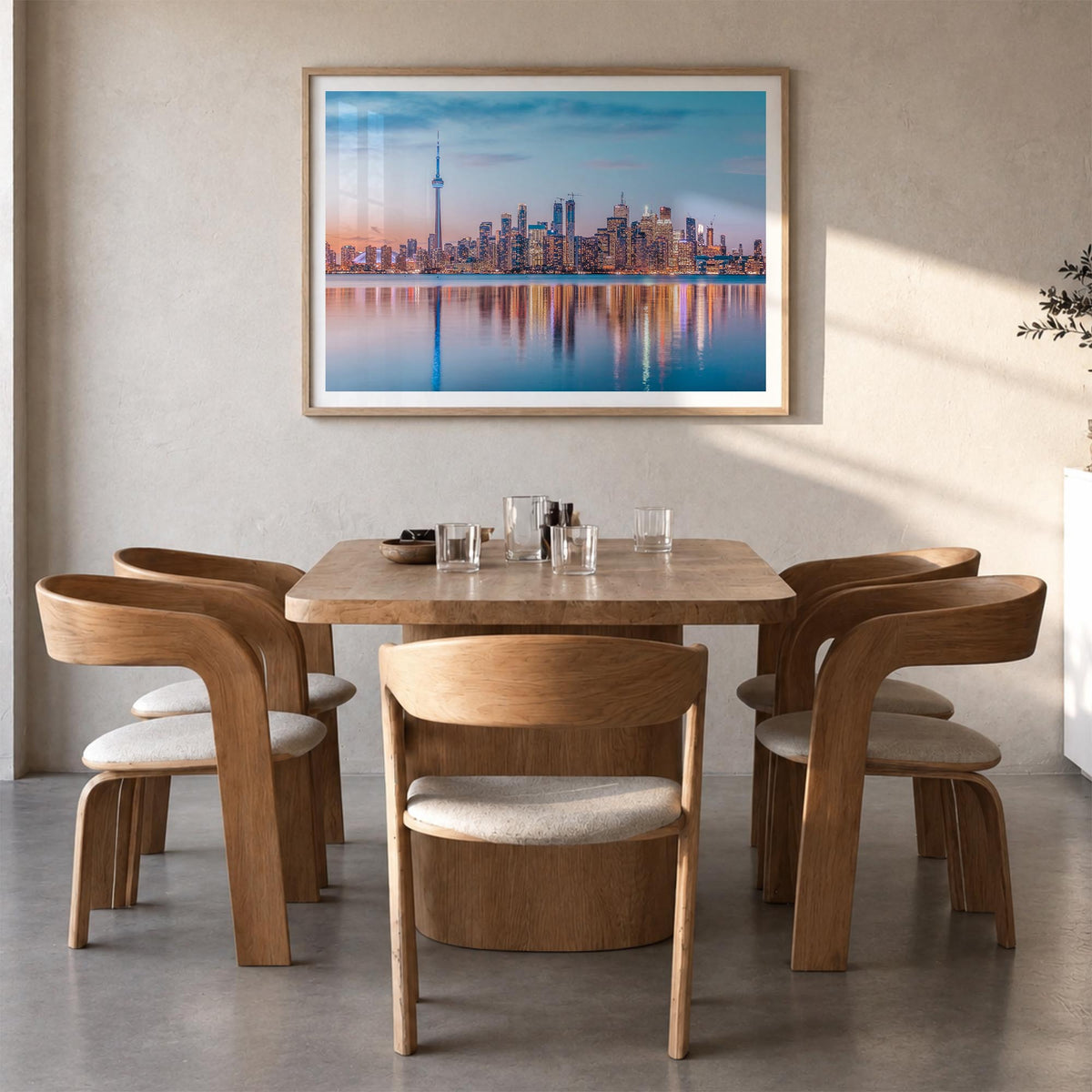 Toronto colorful photo poster of Ontario, Canada – horizontal wall art in natural wood frame with white border, hanging on wa