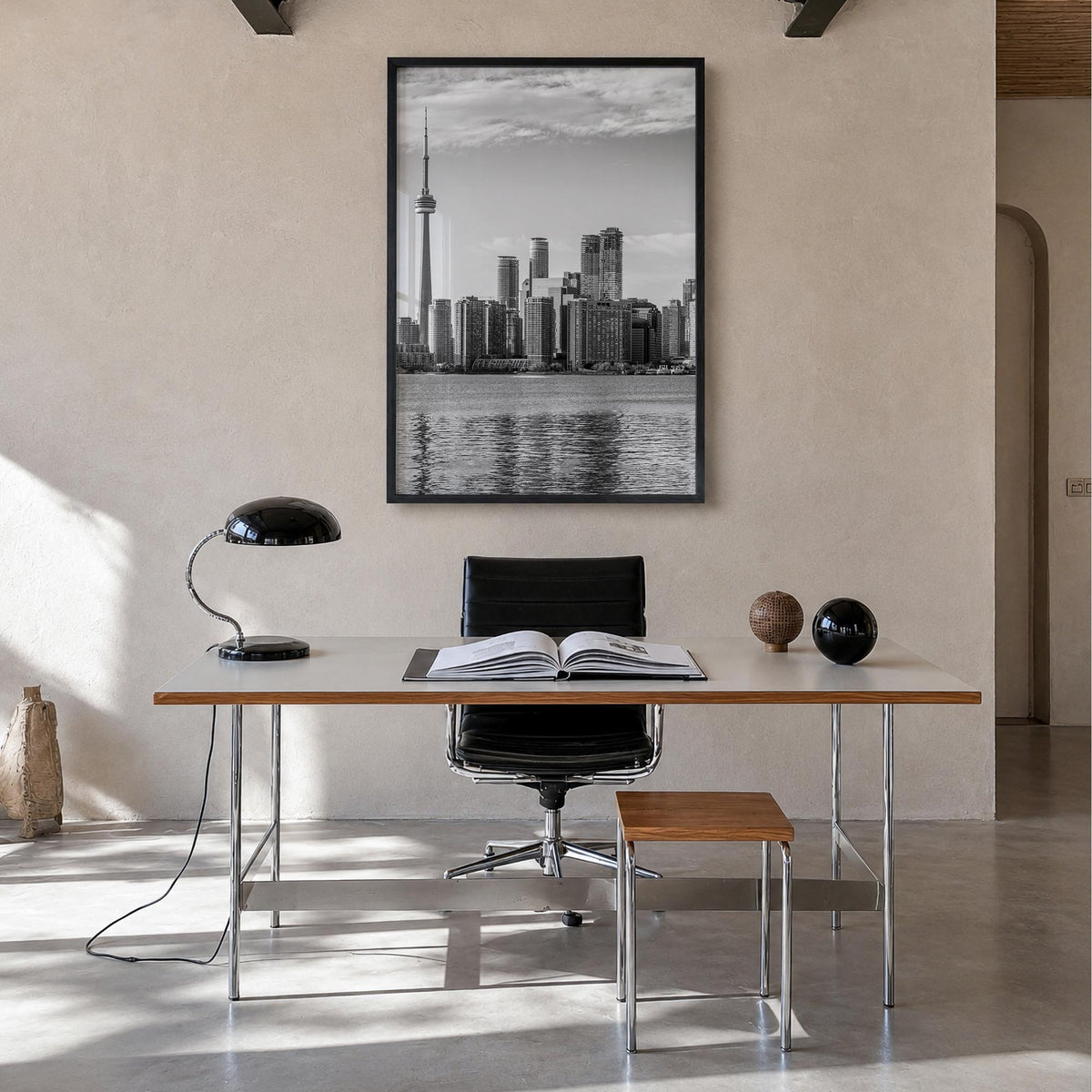 Toronto no. 1 black & white photo poster of Ontario, Canada – vertical wall art in black wood frame, hanging on wall