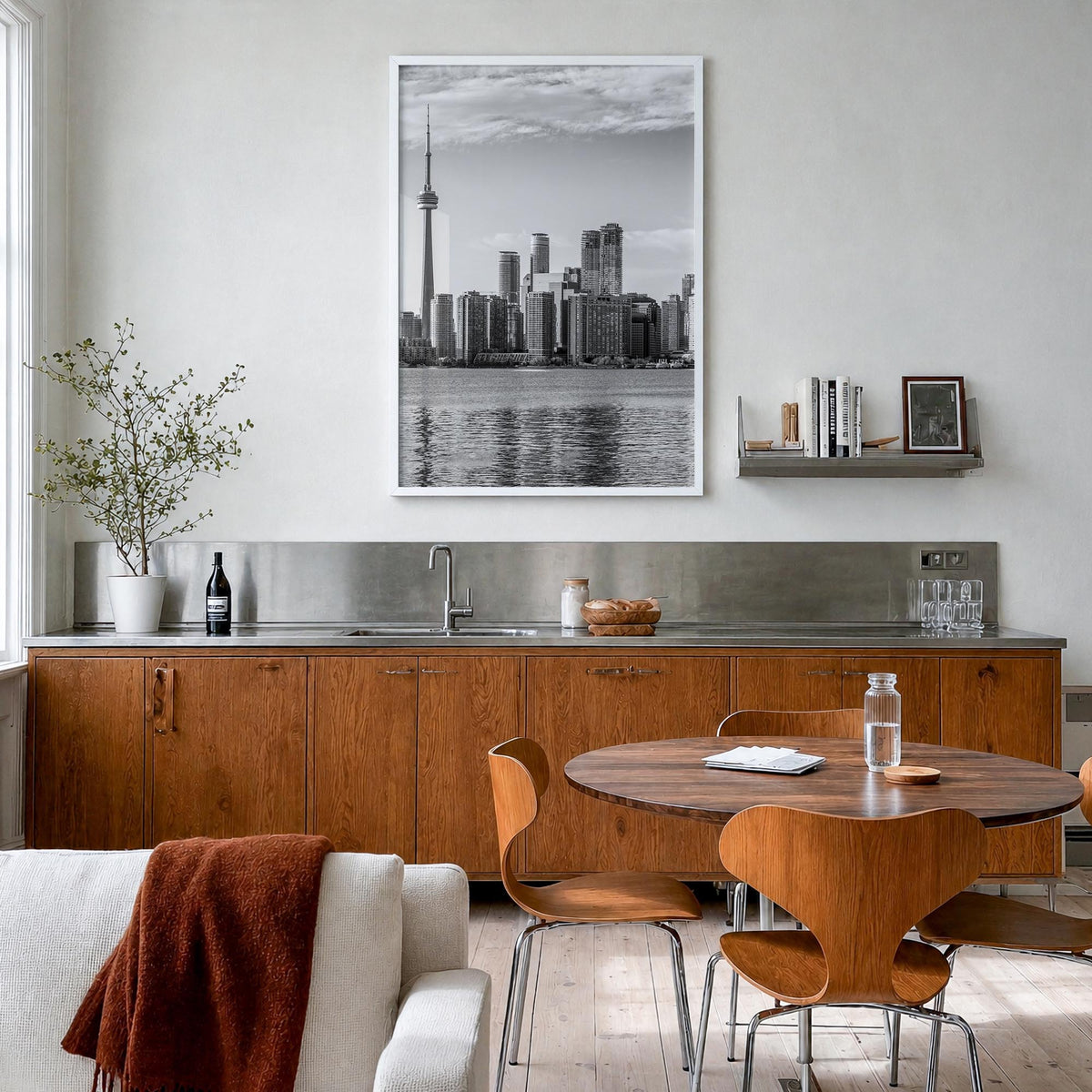 Toronto no. 1 black & white photo poster of Ontario, Canada – vertical wall art in white wood frame, hanging on wall