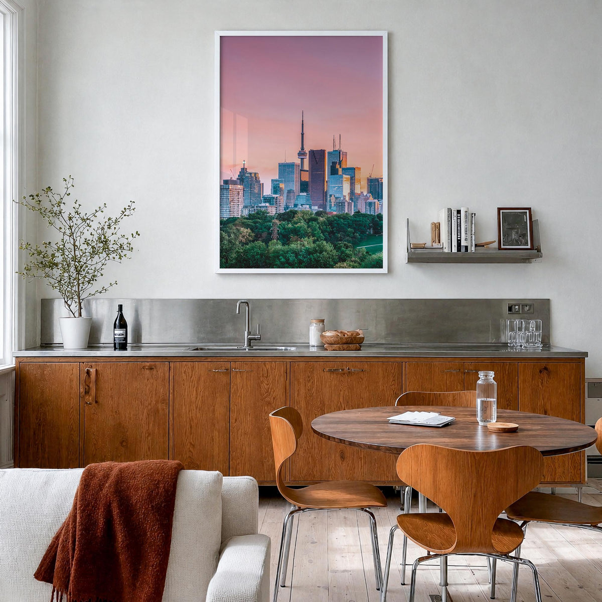 Toronto no. 1 colorful photo poster of Ontario, Canada – vertical wall art in white wood frame, hanging on wall