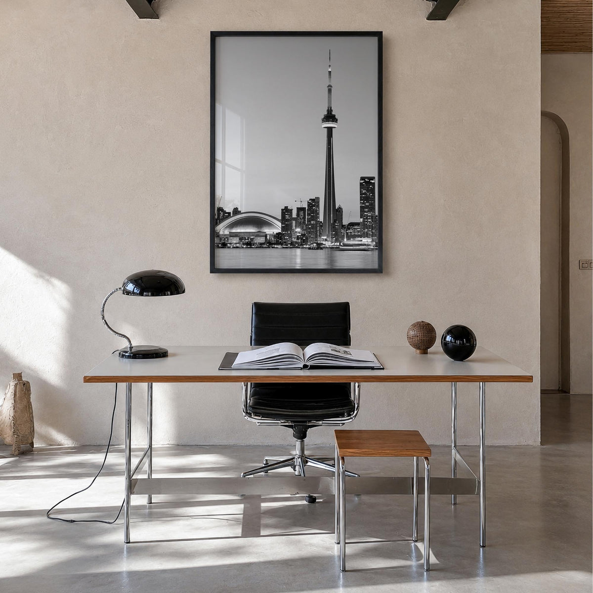 Toronto no. 2 black & white photo poster of Ontario, Canada – vertical wall art in black wood frame, hanging on wall