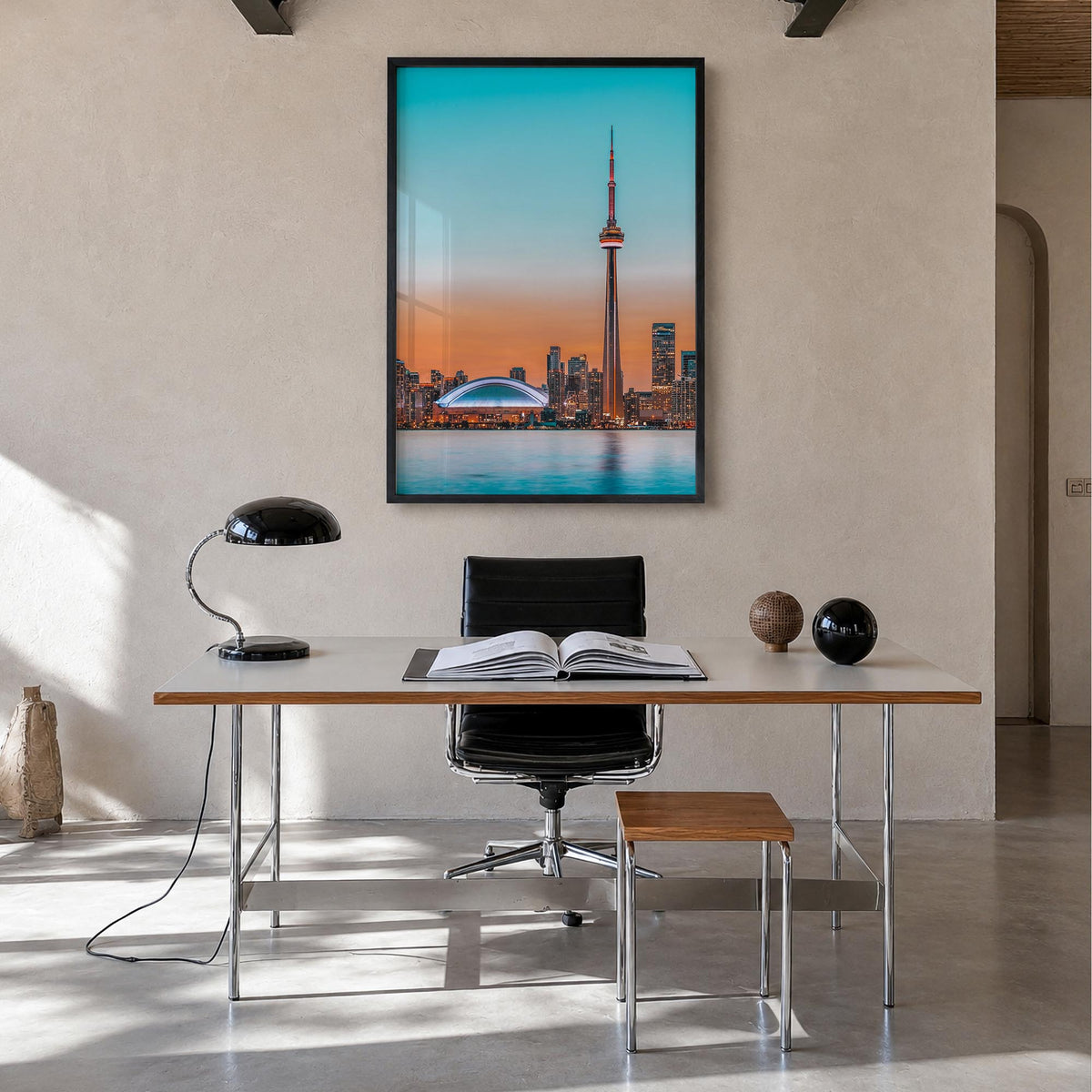 Toronto no. 2 colorful photo poster of Ontario, Canada – vertical wall art in black wood frame, hanging on wall