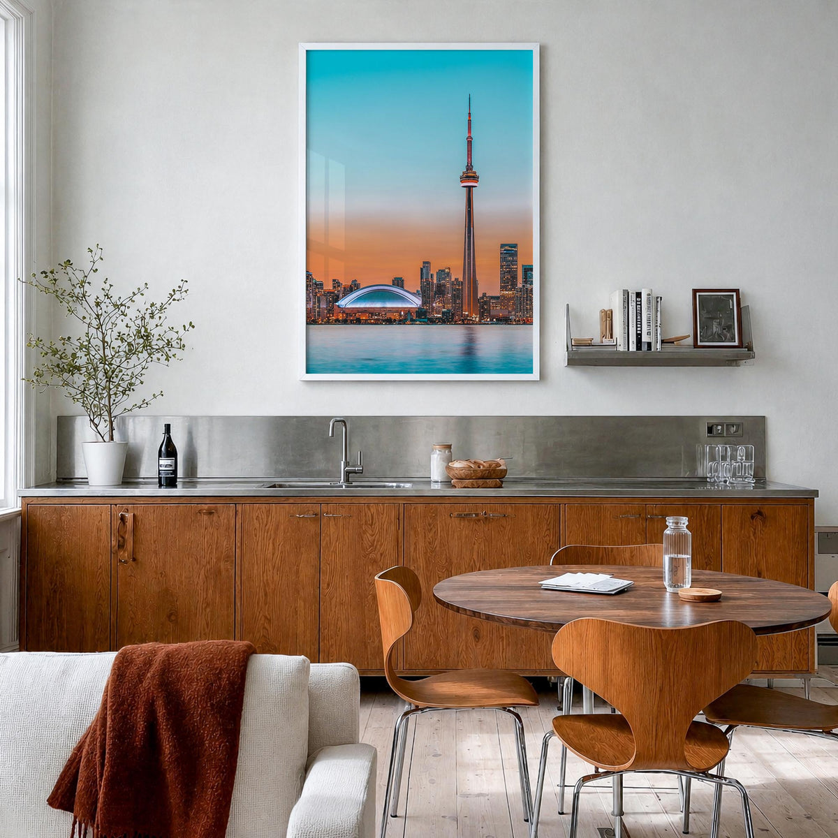 Toronto no. 2 colorful photo poster of Ontario, Canada – vertical wall art in white wood frame, hanging on wall