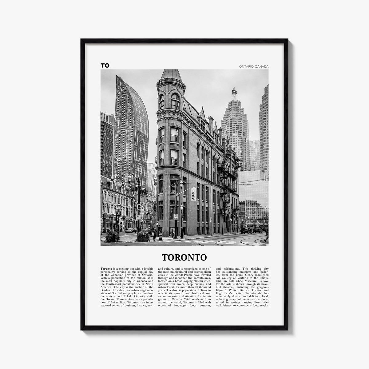 Toronto no. 4 black & white newspaper poster of Ontario, Canada – vertical wall art, unframed print shown in interior mockup