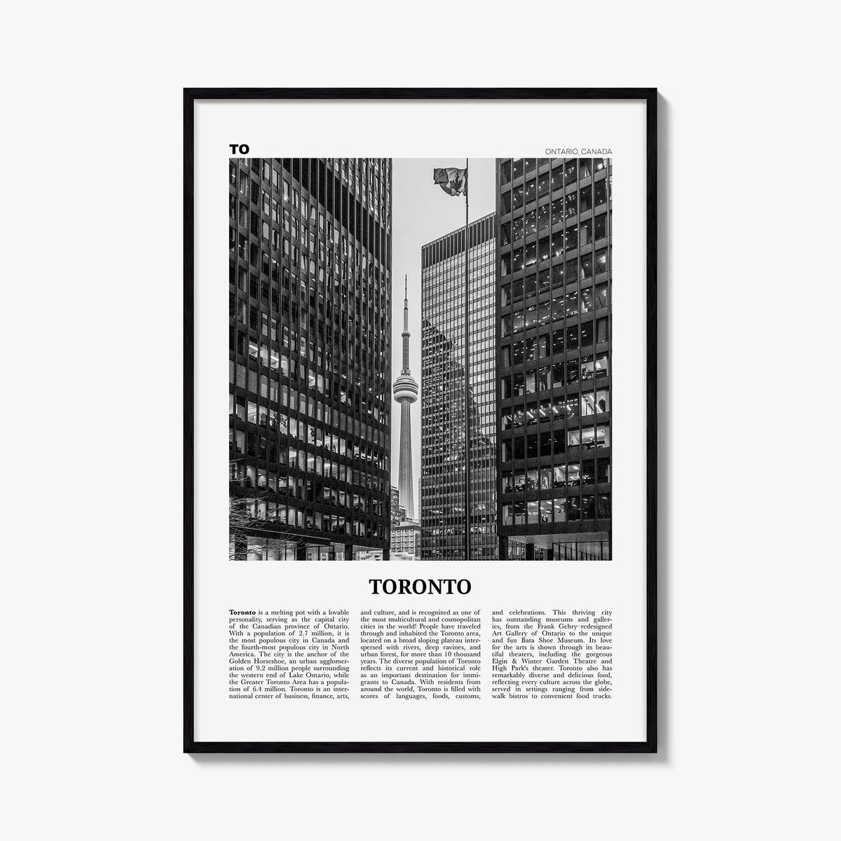 Toronto no. 5 black & white newspaper poster of Ontario, Canada – vertical wall art, unframed print shown in interior mockup