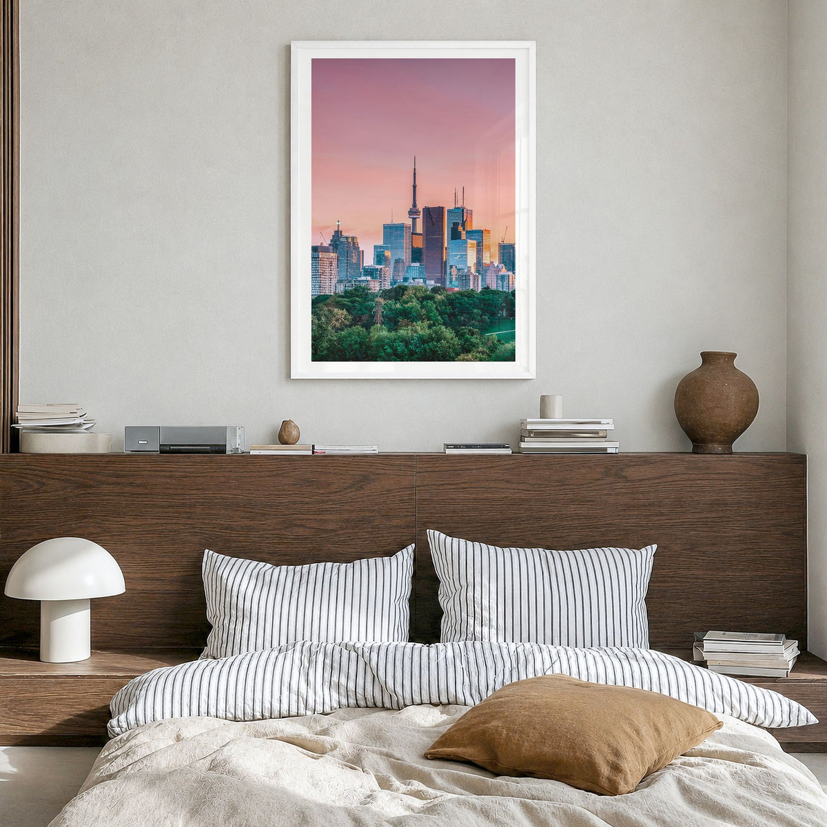 Toronto Photo No 1 Poster in a white wood frame, hanging in a bedroom, white border