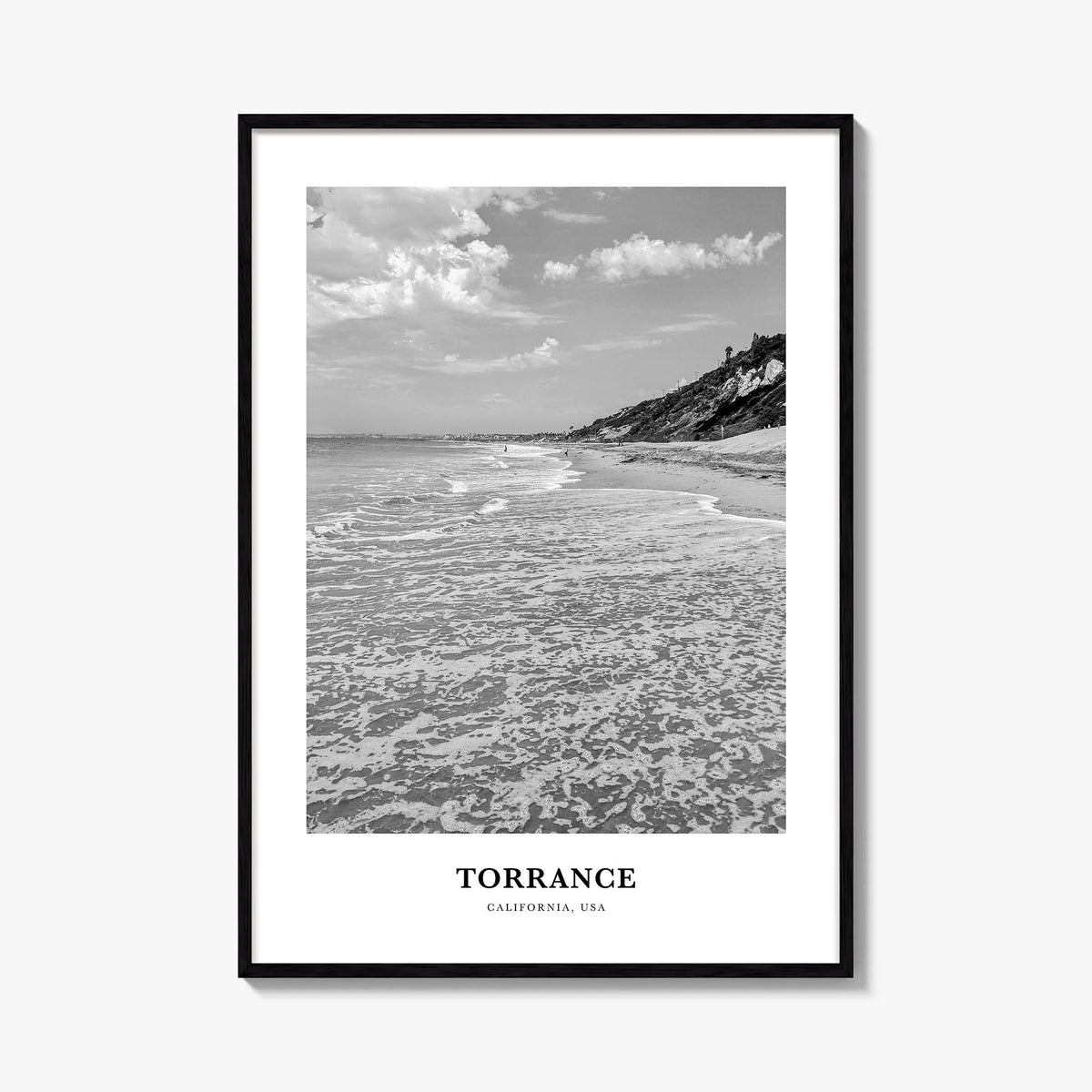 Torrance black & white classic poster of California, USA – vertical wall art, unframed print shown in interior mockup