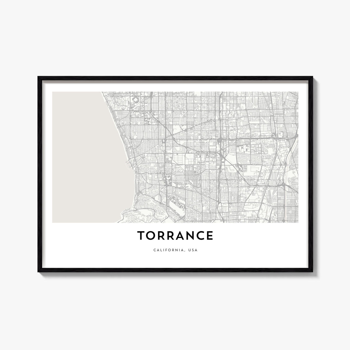 Torrance black & white map poster of California, USA – horizontal wall art, unframed print shown in interior mockup