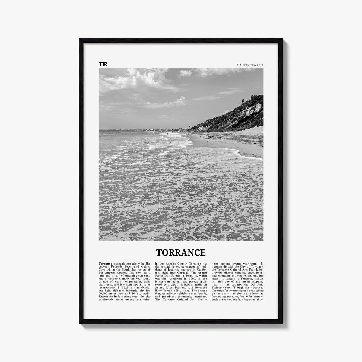 Torrance black & white newspaper poster of California, USA – vertical wall art, unframed print shown in interior mockup
