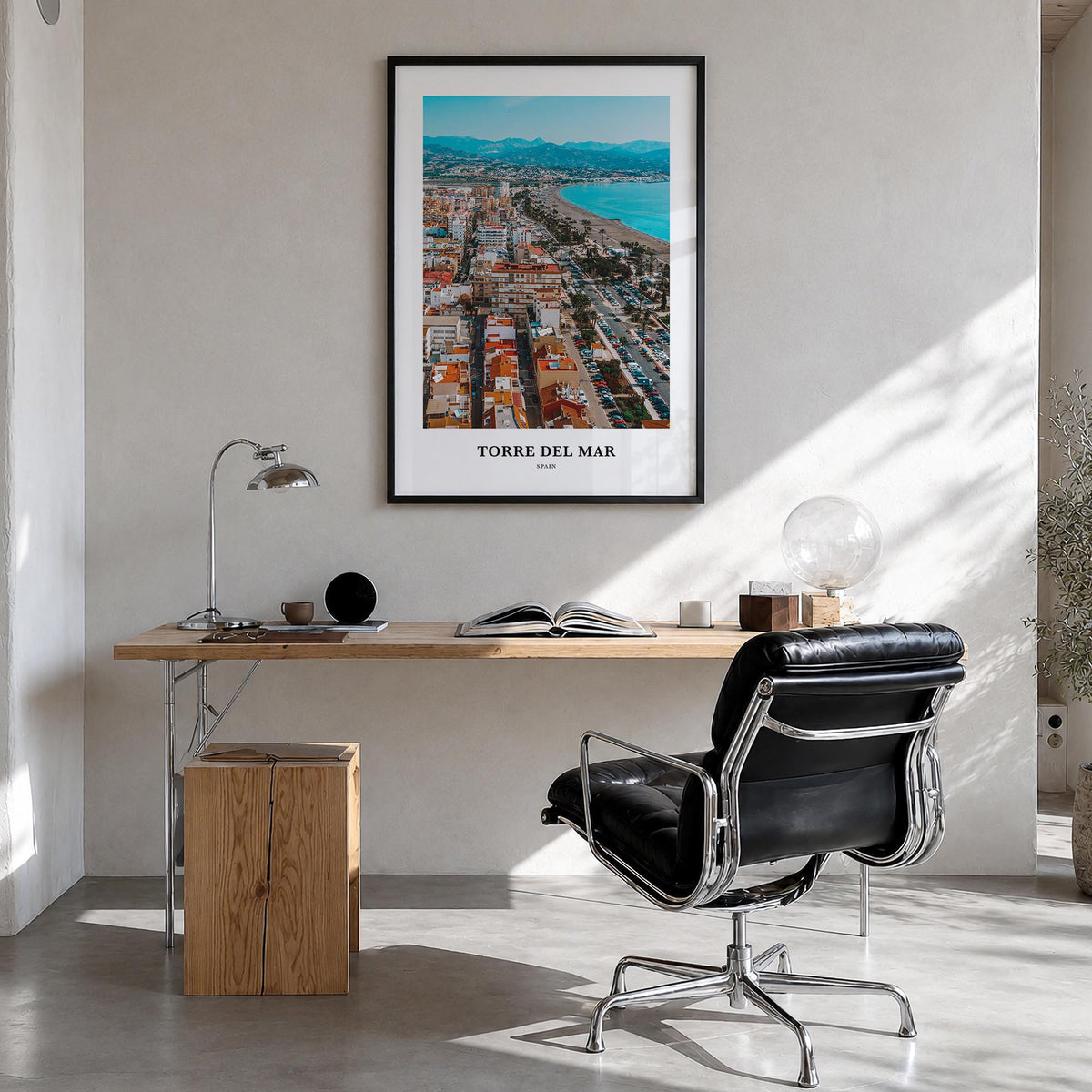 Torre del Mar colorful classic poster of Spain – vertical wall art in black wood frame, hanging on wall