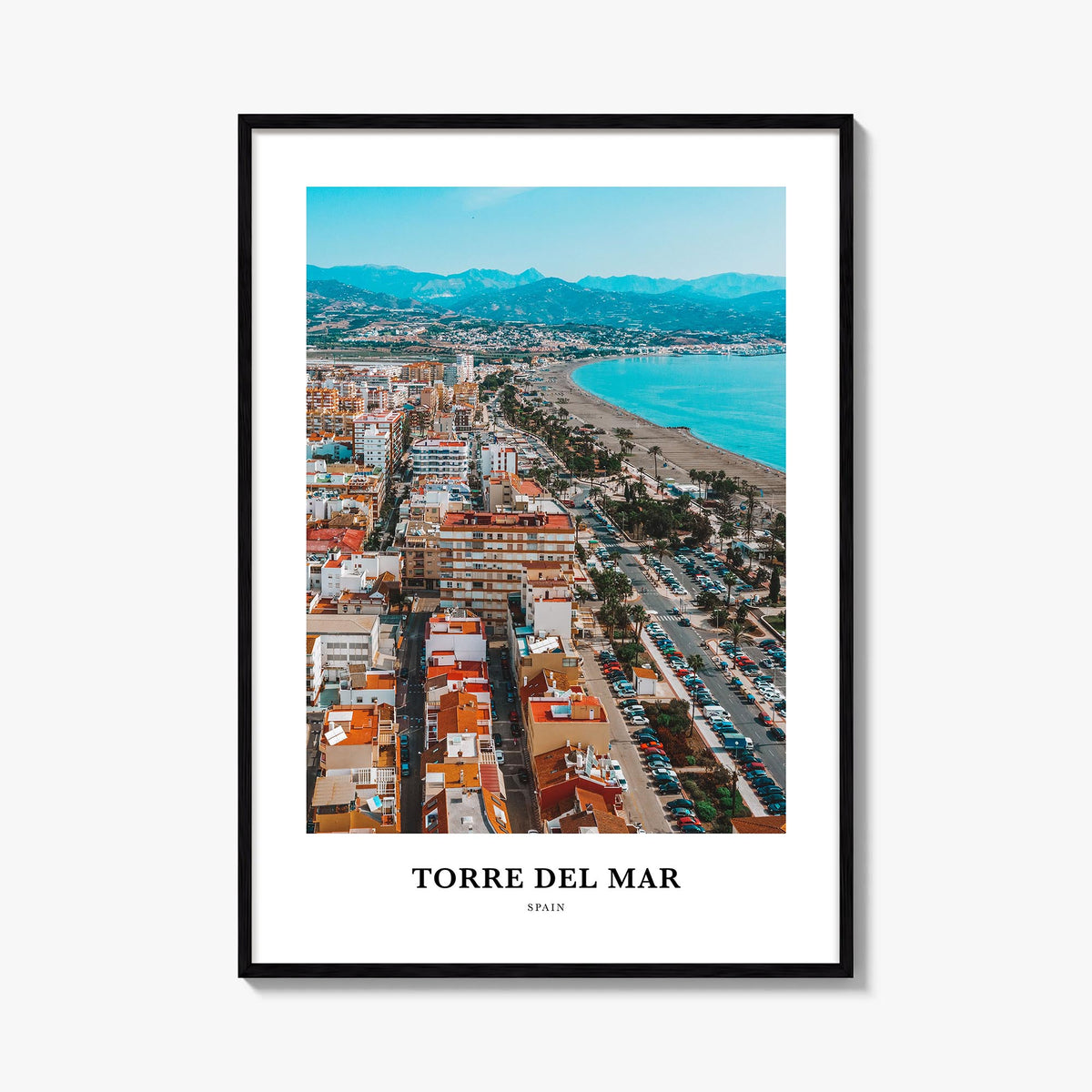 Torre del Mar colorful classic poster of Spain – vertical wall art, unframed print shown in interior mockup