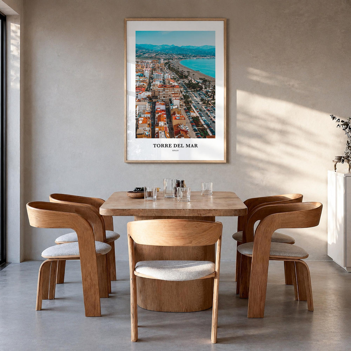 Torre del Mar colorful classic poster of Spain – vertical wall art in natural wood frame, hanging on wall