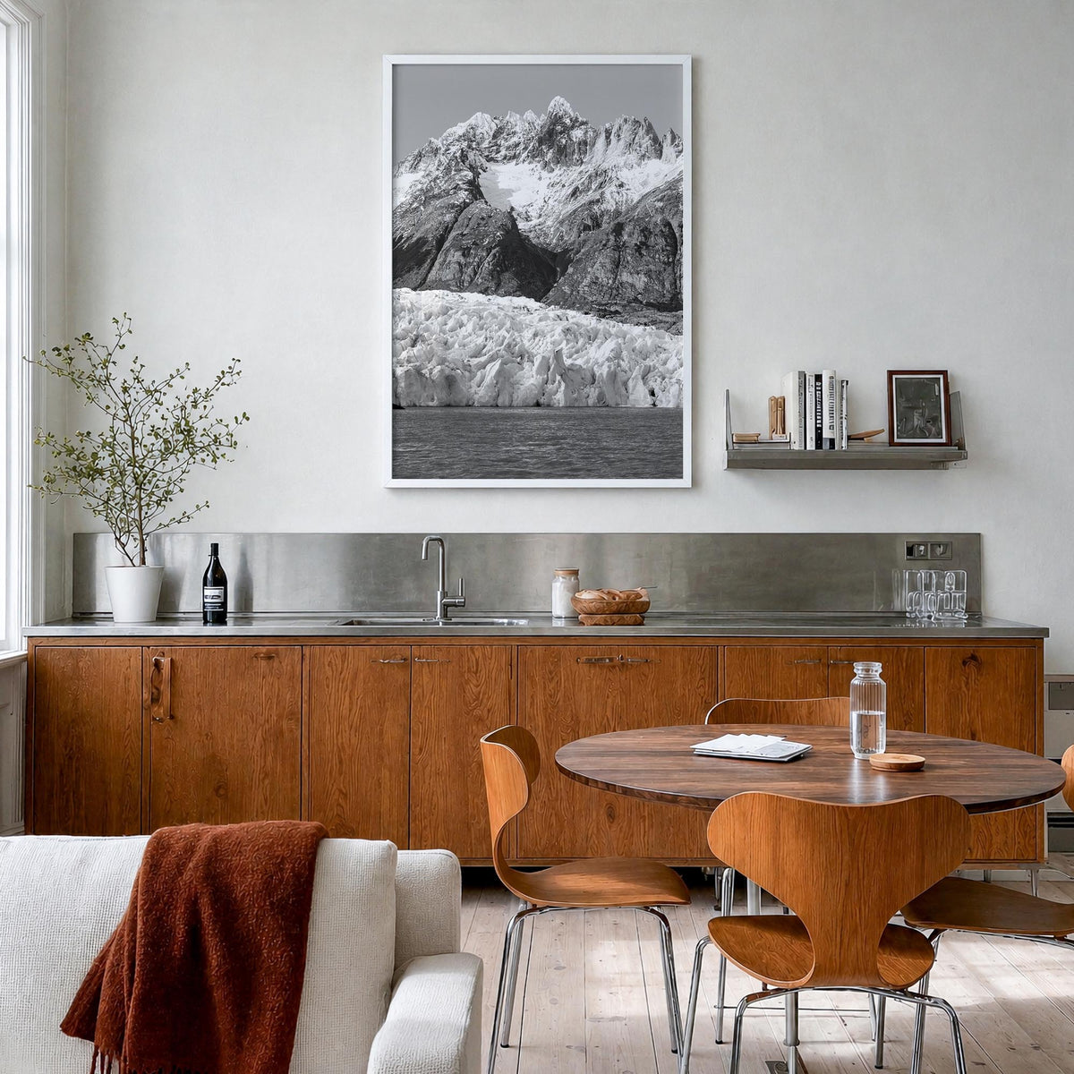 Torres del Paine black & white photo poster of Chile – vertical wall art in white wood frame, hanging on wall