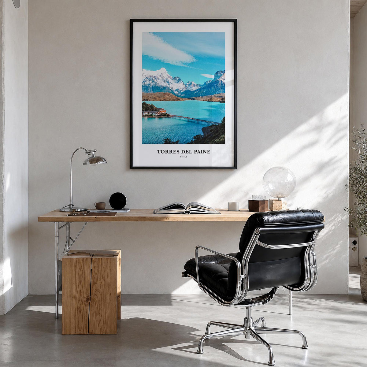 Torres del Paine colorful classic poster of Chile – vertical wall art in black wood frame, hanging on wall