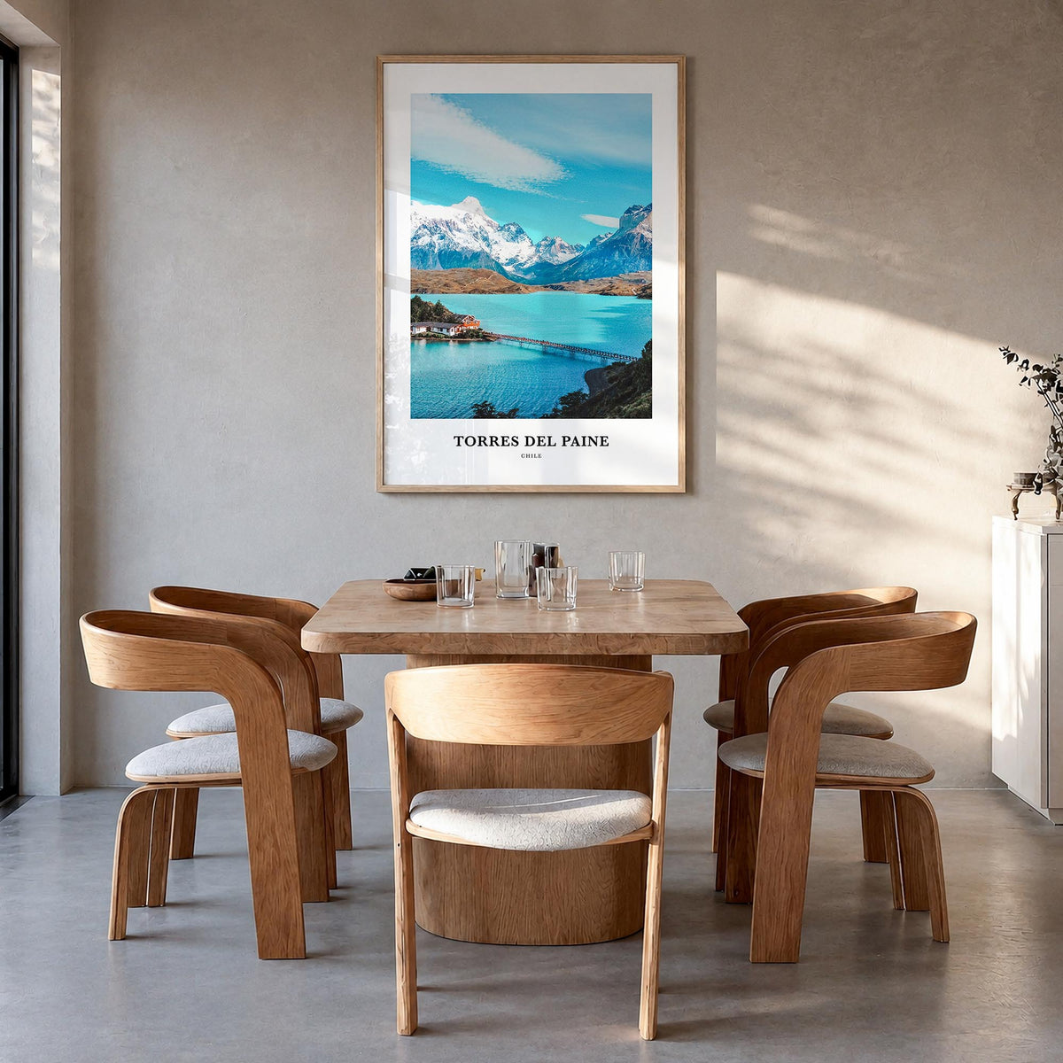 Torres del Paine colorful classic poster of Chile – vertical wall art in natural wood frame, hanging on wall