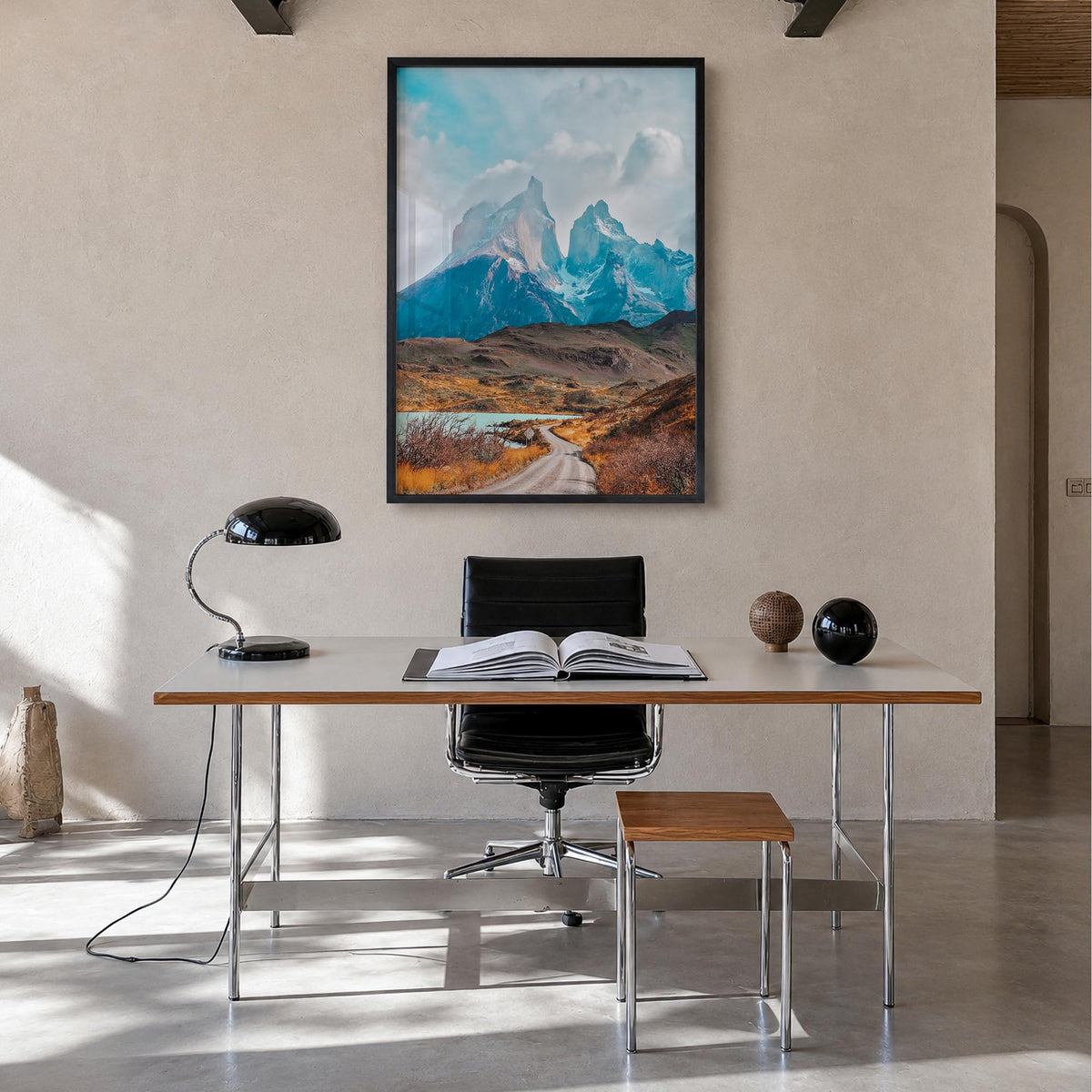 Torres del Paine colorful photo poster of Chile – vertical wall art in black wood frame, hanging on wall