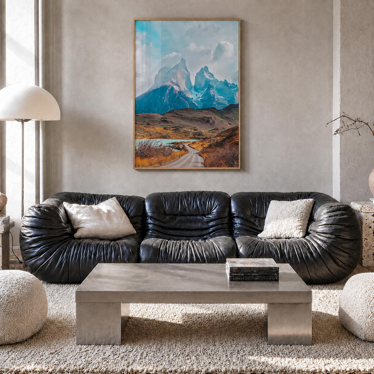 Torres del Paine colorful photo poster of Chile – vertical wall art in natural wood frame, hanging on wall