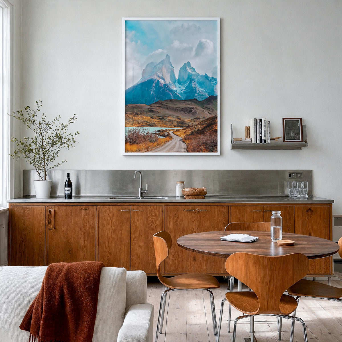Torres del Paine colorful photo poster of Chile – vertical wall art in white wood frame, hanging on wall