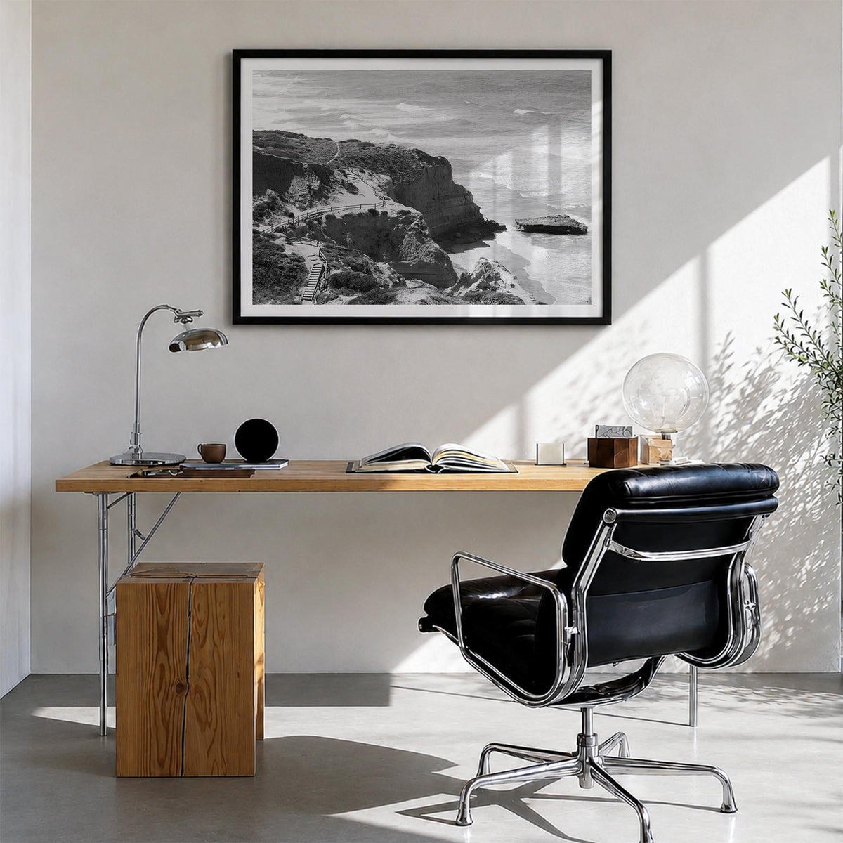 Torrey Pines black & white photo poster of San Diego, California – horizontal wall art in black wood frame with white border,