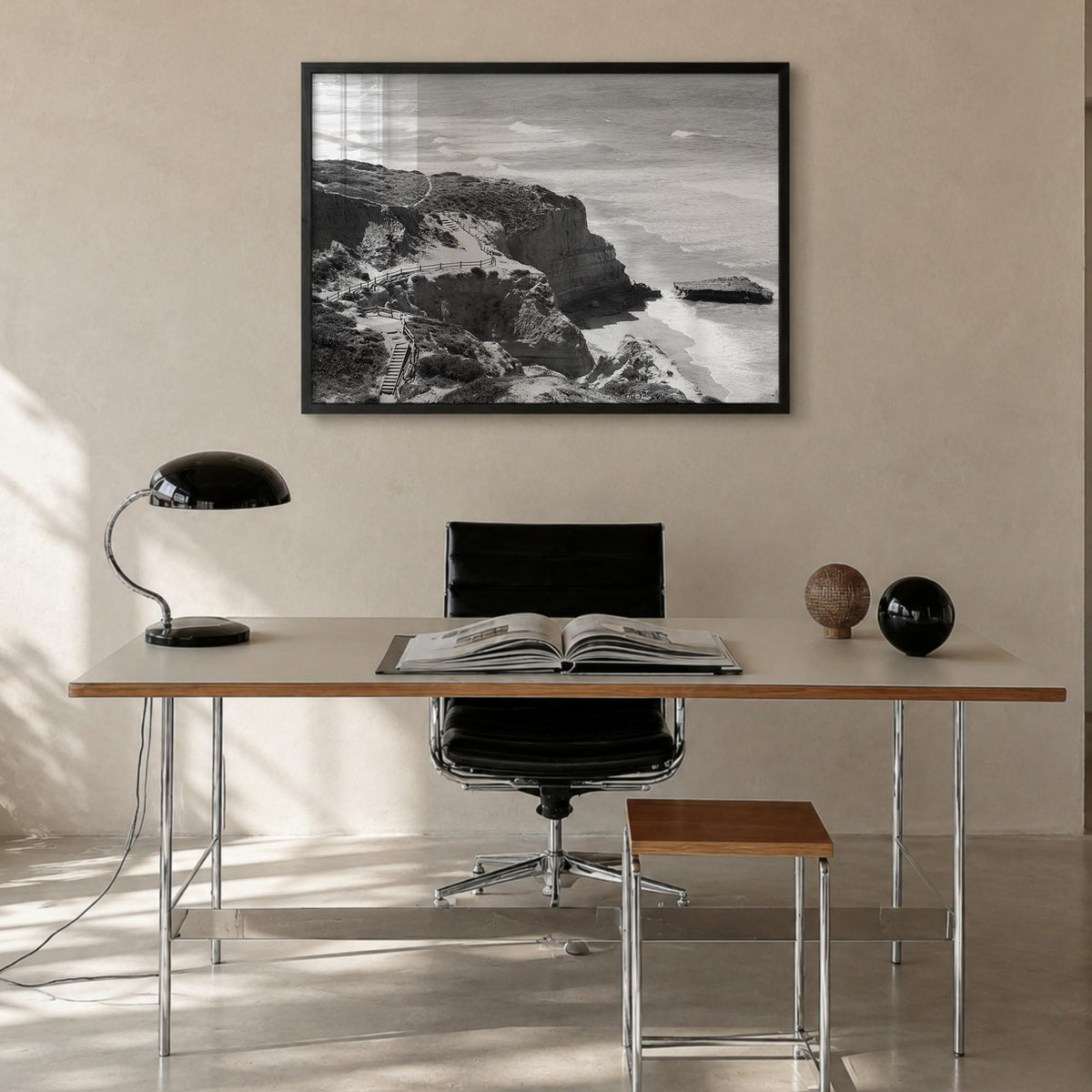 Torrey Pines black & white photo poster of San Diego, California – horizontal wall art in black wood frame, hanging on wall