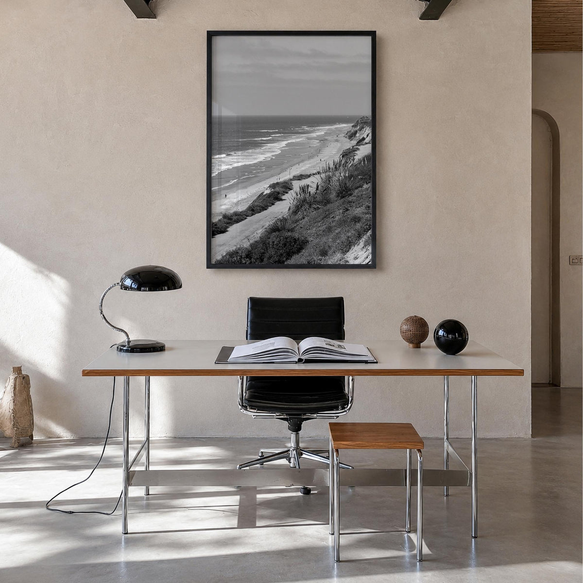 Torrey Pines black & white photo poster of San Diego, California – vertical wall art in black wood frame, hanging on wall