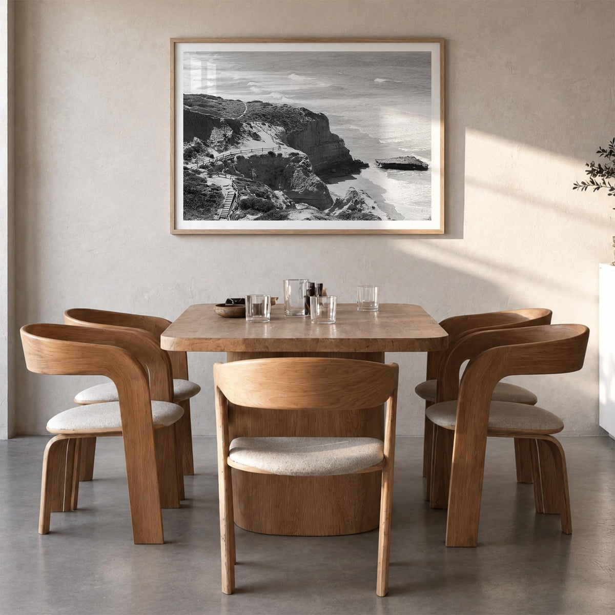 Torrey Pines black & white photo poster of San Diego, California – horizontal wall art in natural wood frame with white borde