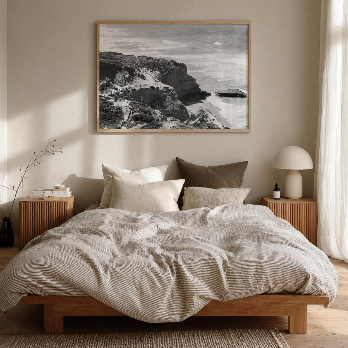 Torrey Pines black & white photo poster of San Diego, California – horizontal wall art in natural wood frame, hanging on wall