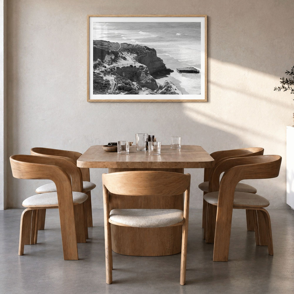 Torrey Pines Photo Poster in a natural wood frame, hanging in a dining room, white border