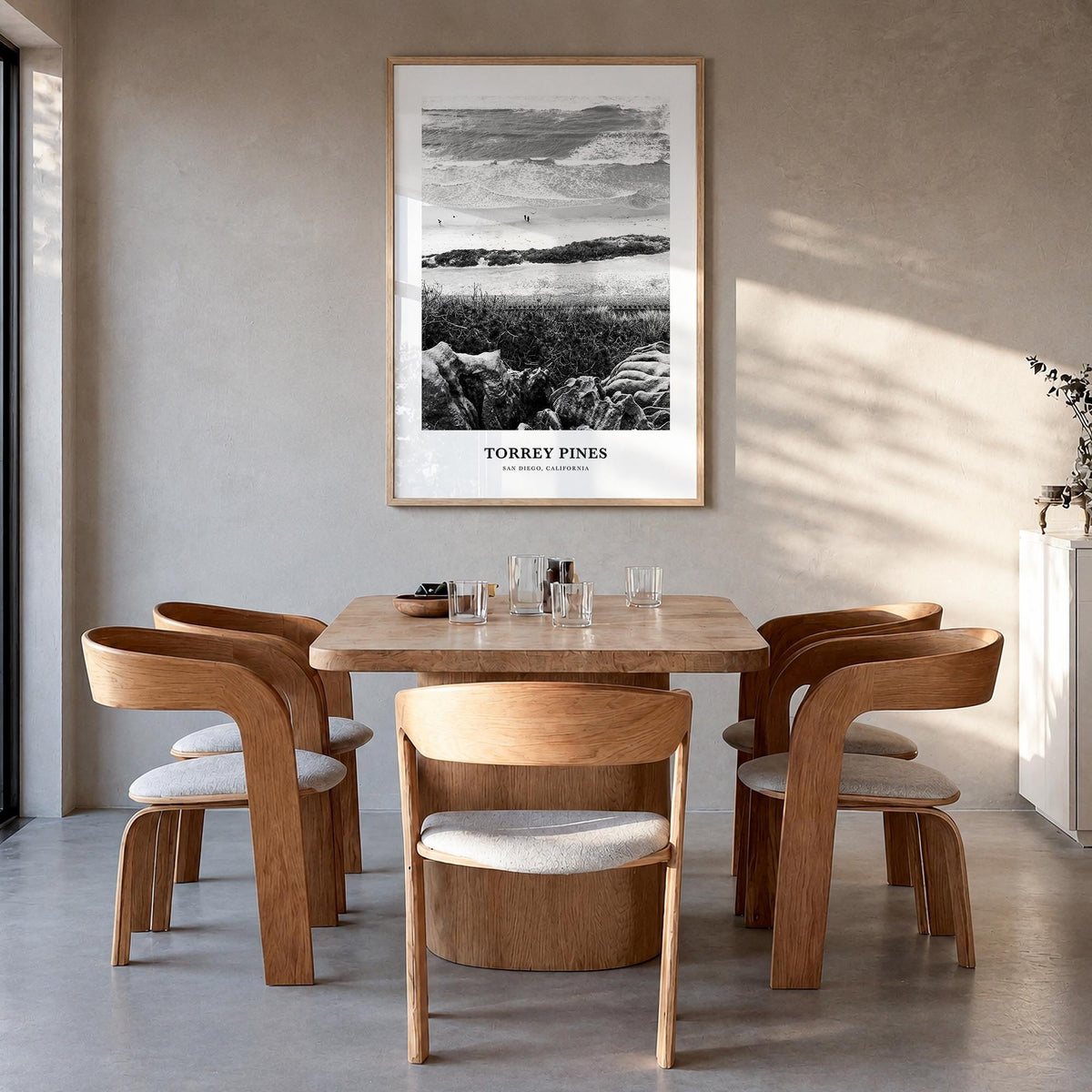 Torrey Pines no. 1 black & white classic poster of San Diego, California – vertical wall art in natural wood frame, hanging o