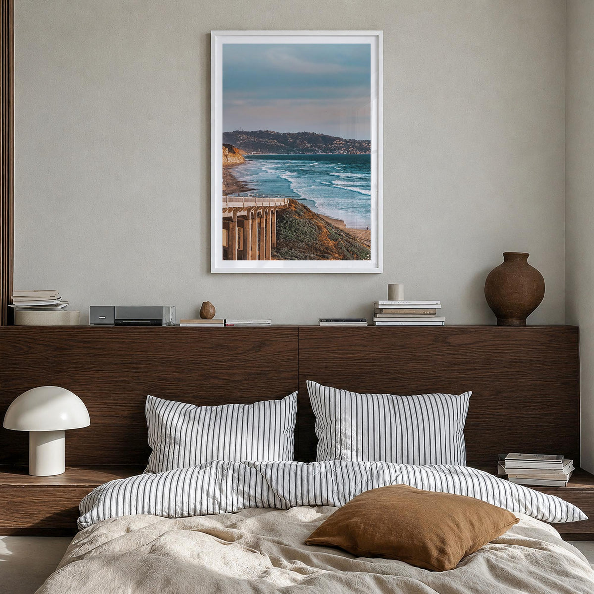 Torrey Pines no. 1 colorful photo poster of San Diego, California – vertical wall art in white wood frame with white border,