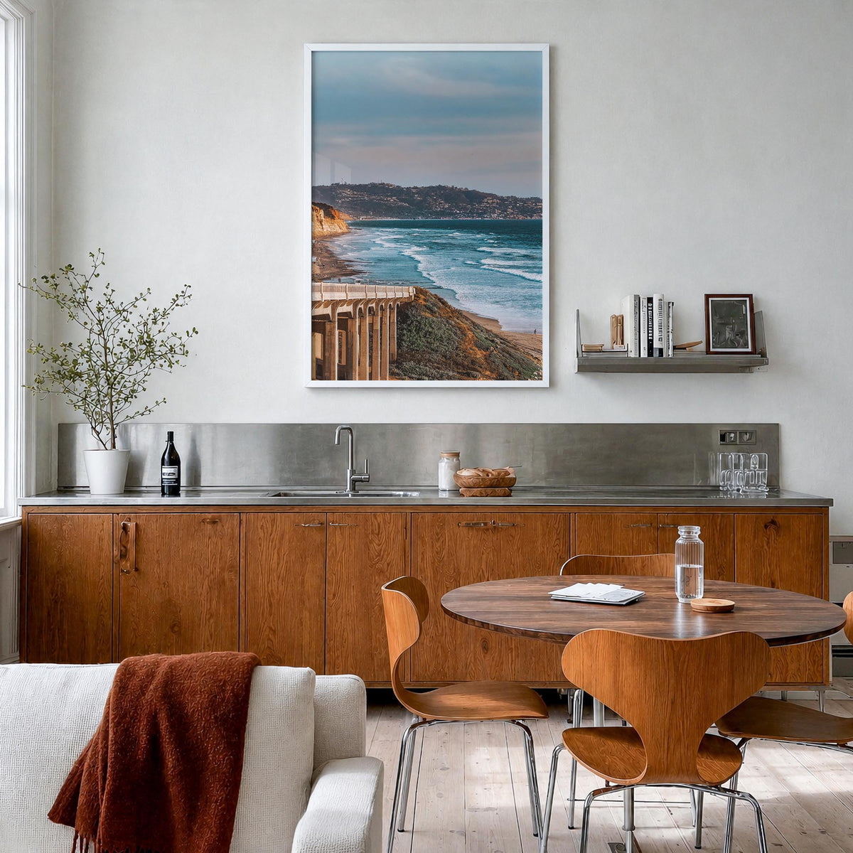 Torrey Pines no. 1 colorful photo poster of San Diego, California – vertical wall art in white wood frame, hanging on wall