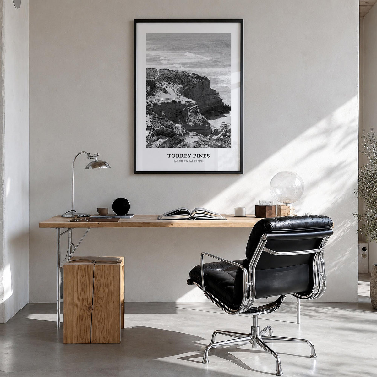 Torrey Pines no. 2 black & white classic poster of San Diego, California – vertical wall art in black wood frame, hanging on