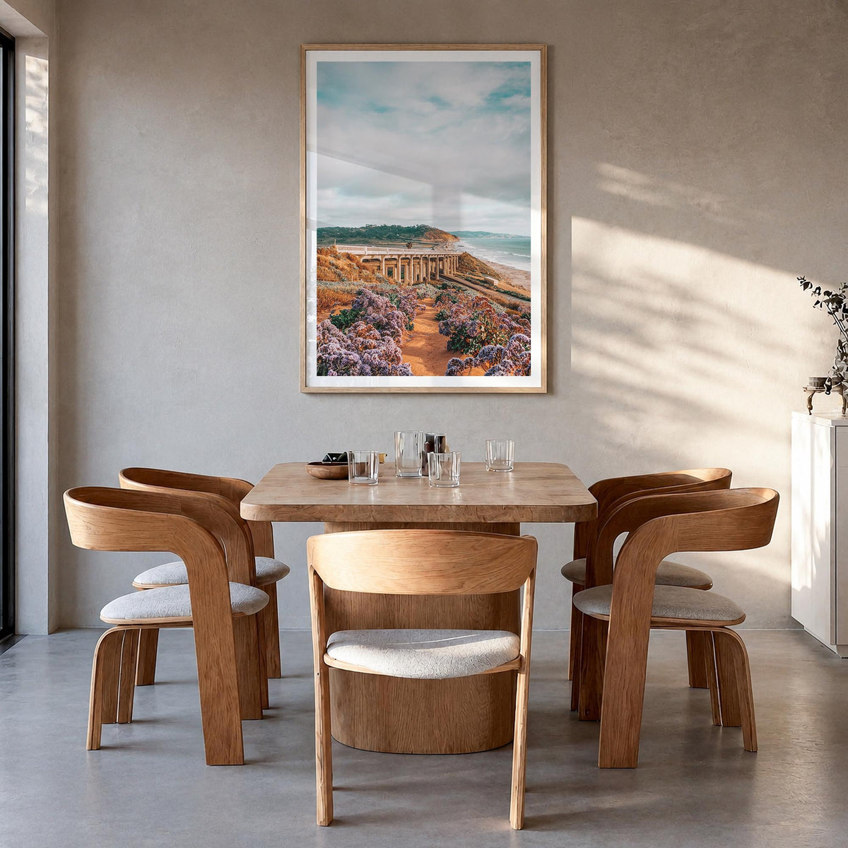 Torrey Pines no. 2 colorful photo poster of San Diego, California – vertical wall art in natural wood frame with white border