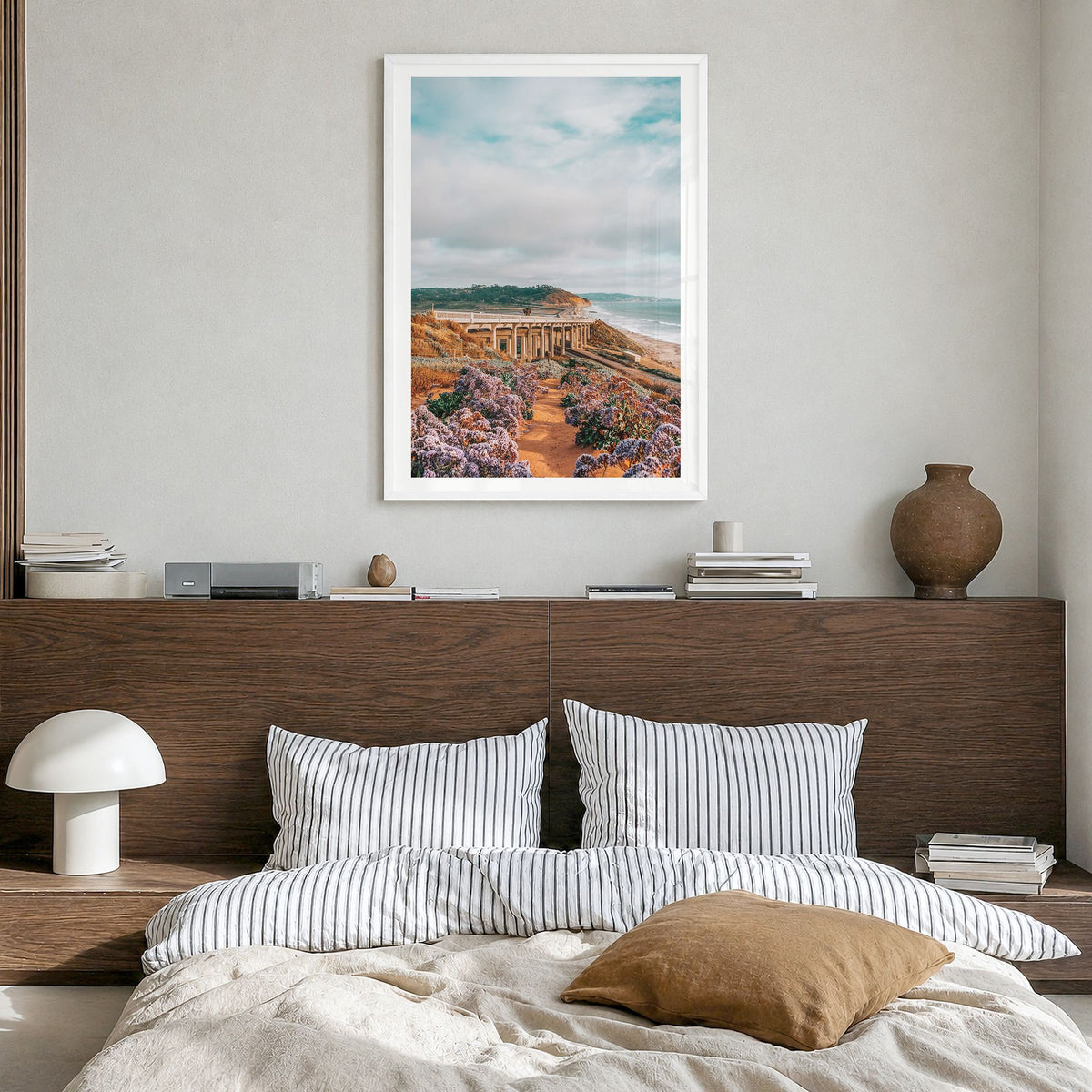 Torrey Pines Photo No 2 Poster in a white wood frame, hanging in a bedroom, white border