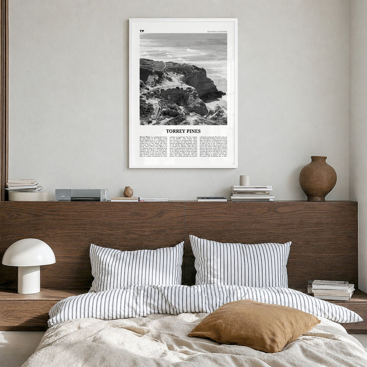 Torrey Pines Newspaper No 1 Poster in a white wood frame, hanging in a bedroom