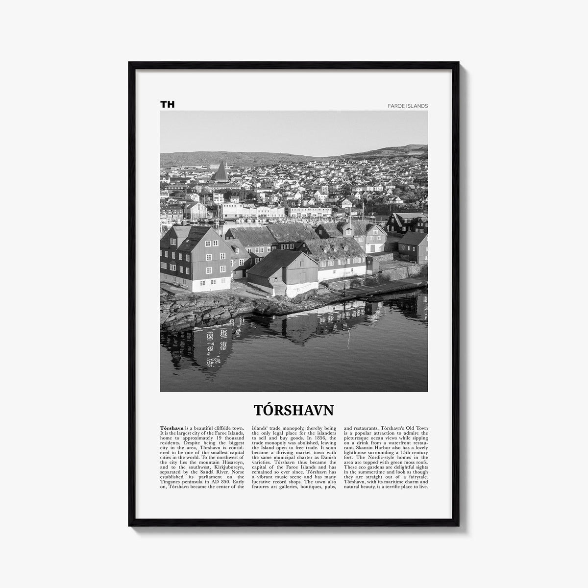 Tórshavn black & white newspaper poster of Faroe Islands – vertical wall art, unframed print shown in interior mockup