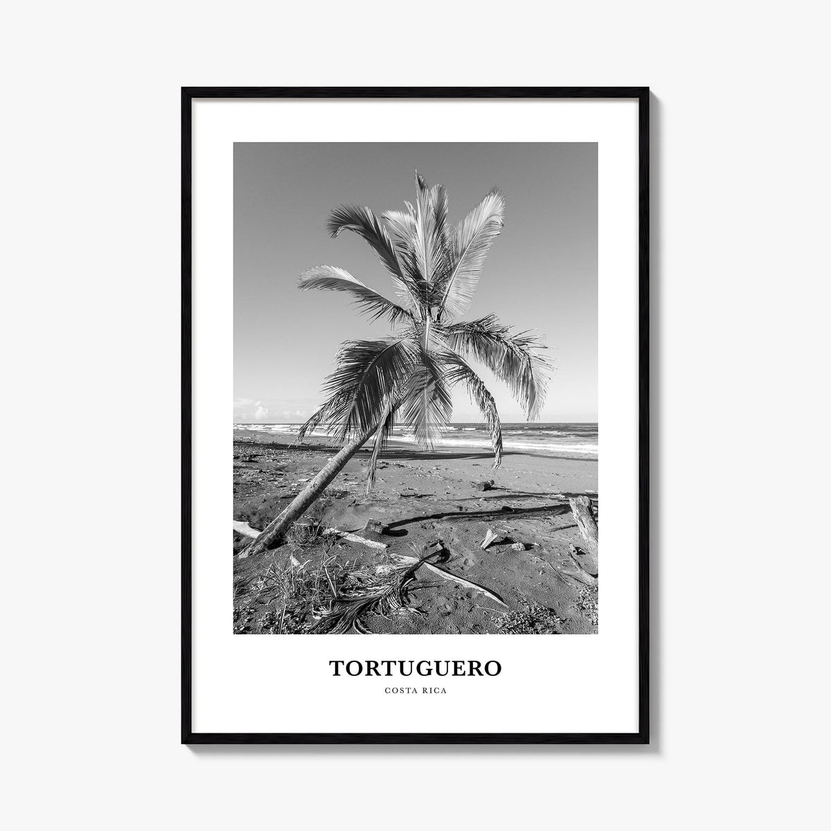 Tortuguero black & white classic poster of Costa Rica – vertical wall art, unframed print shown in interior mockup