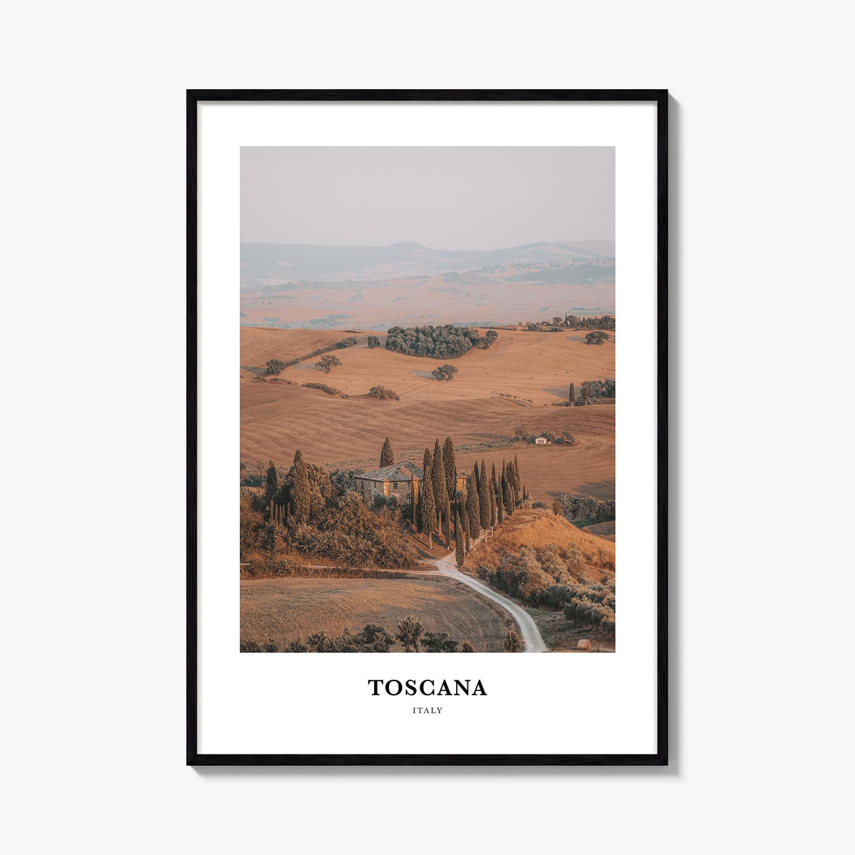 Tuscany colorful classic poster of Toscana, Italy – vertical wall art, unframed print shown in interior mockup