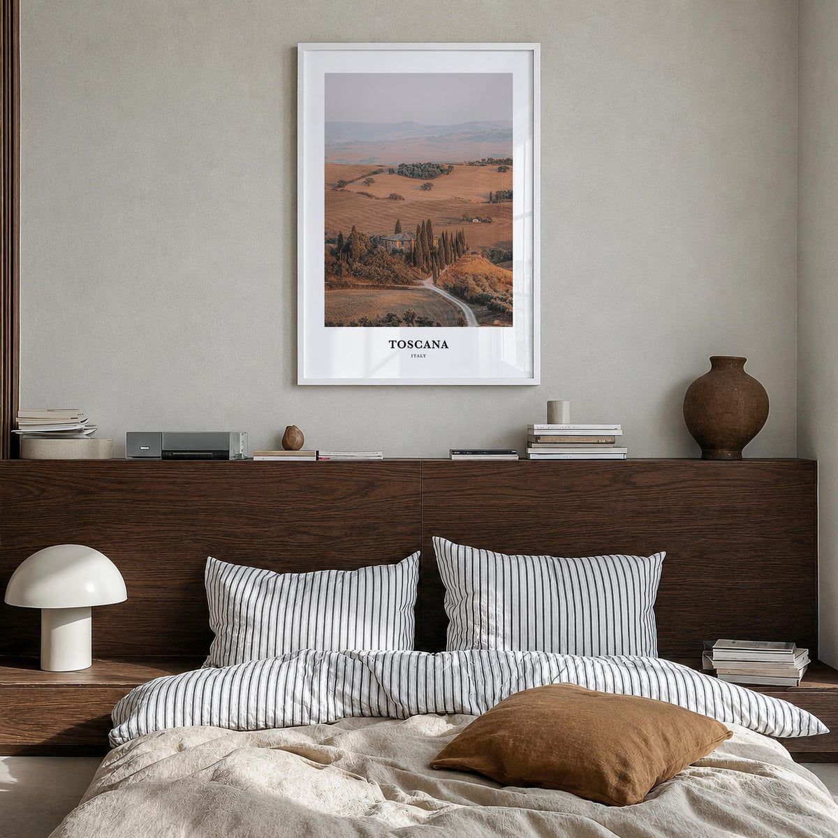 Tuscany colorful classic poster of Toscana, Italy – vertical wall art in white wood frame, hanging on wall